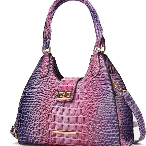 Women Tote Bag, Gradient Rainbow Faux Crocodile-Embossed Vegan Leather Handbag P